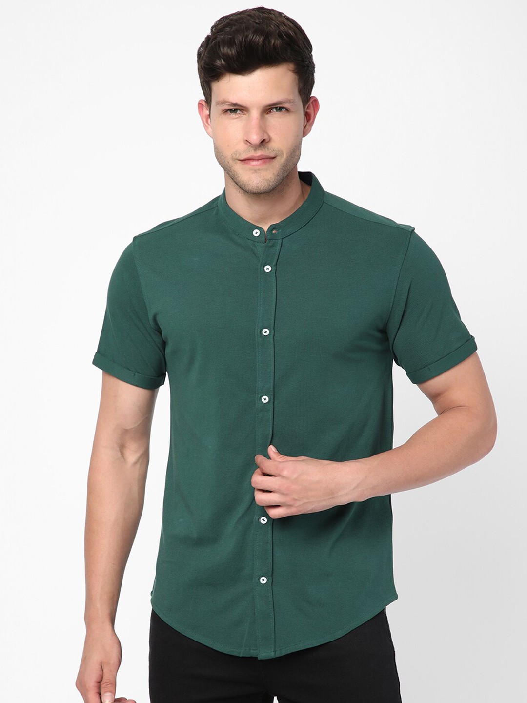 

R&B Button down Collar Casual Cotton Shirt, Green