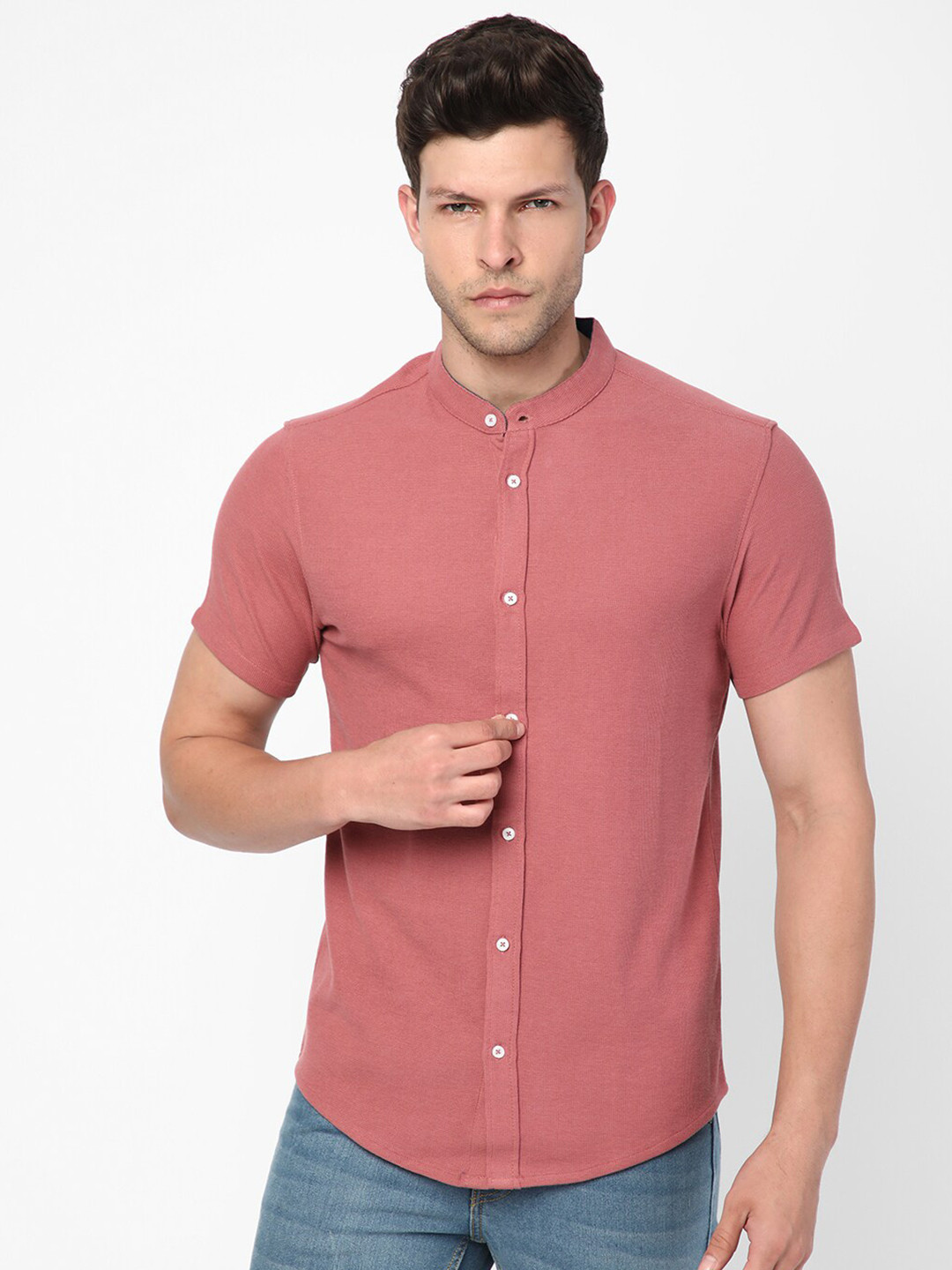 

R&B Mandarin Collar Cotton Casual Shirt, Pink