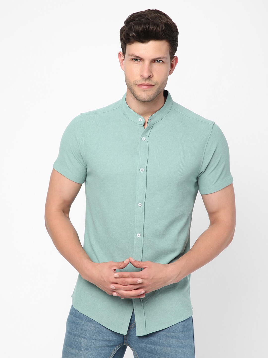 

R&B Band Collar Cotton Casual Shirt, Green