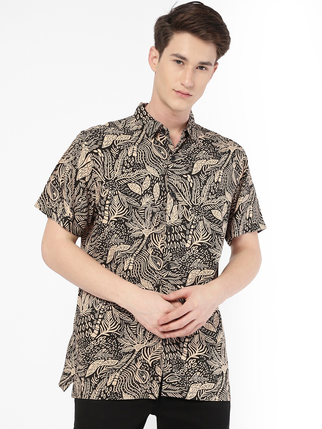 

R&B Abstract Printed Casual Cotton Shirt, Black