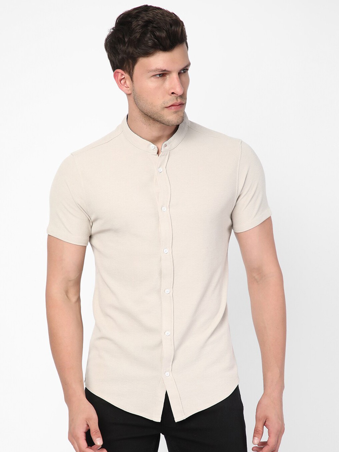 

R&B Men Regular Fit Band Collar Casual Shirt, Beige