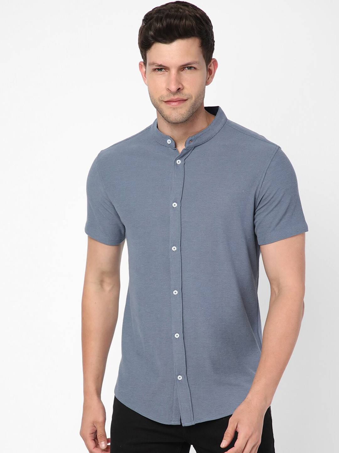 

R&B Mandarin Collar Casual Cotton Shirt, Blue