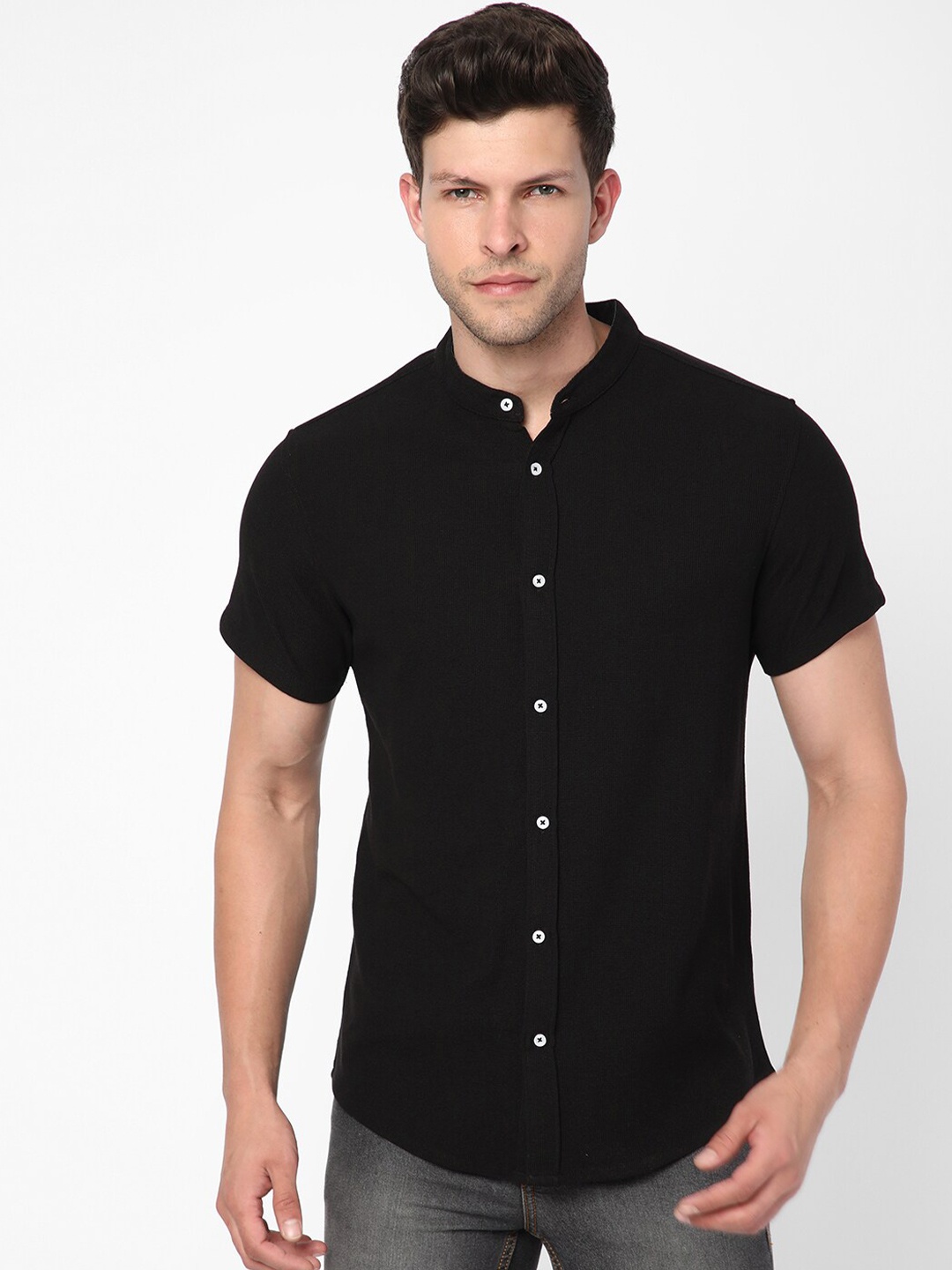 

R&B Men Cotton Mandarin Collar Short Sleeves Casual Shirt, Black