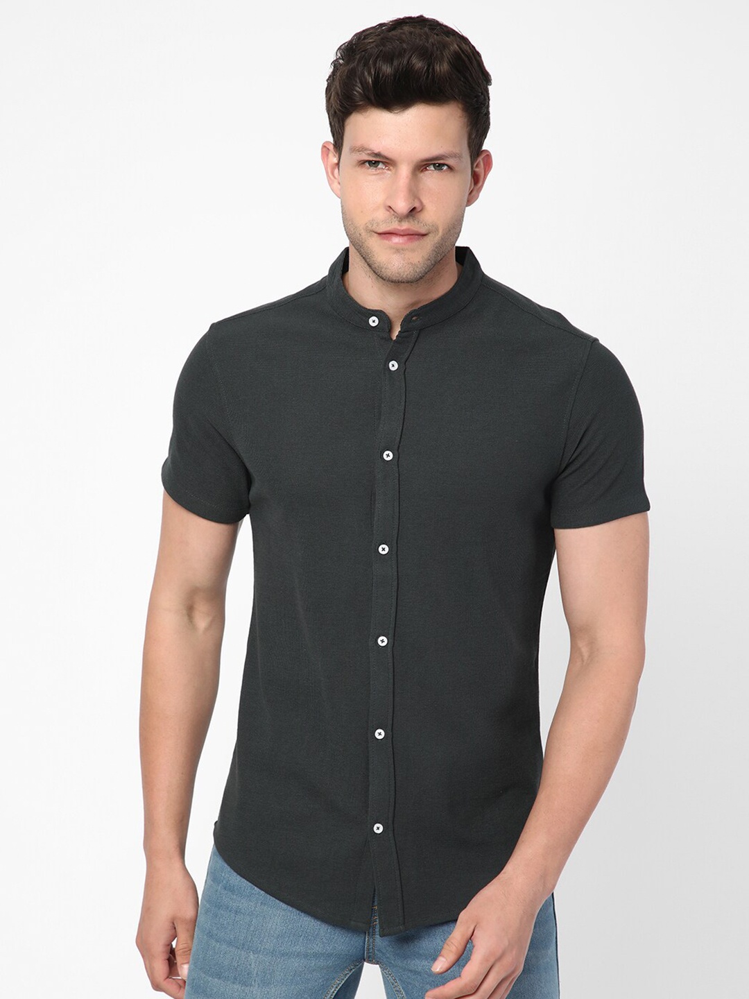 

R&B Short Sleeves Mandarin Collar Casual Cotton Shirt, Green