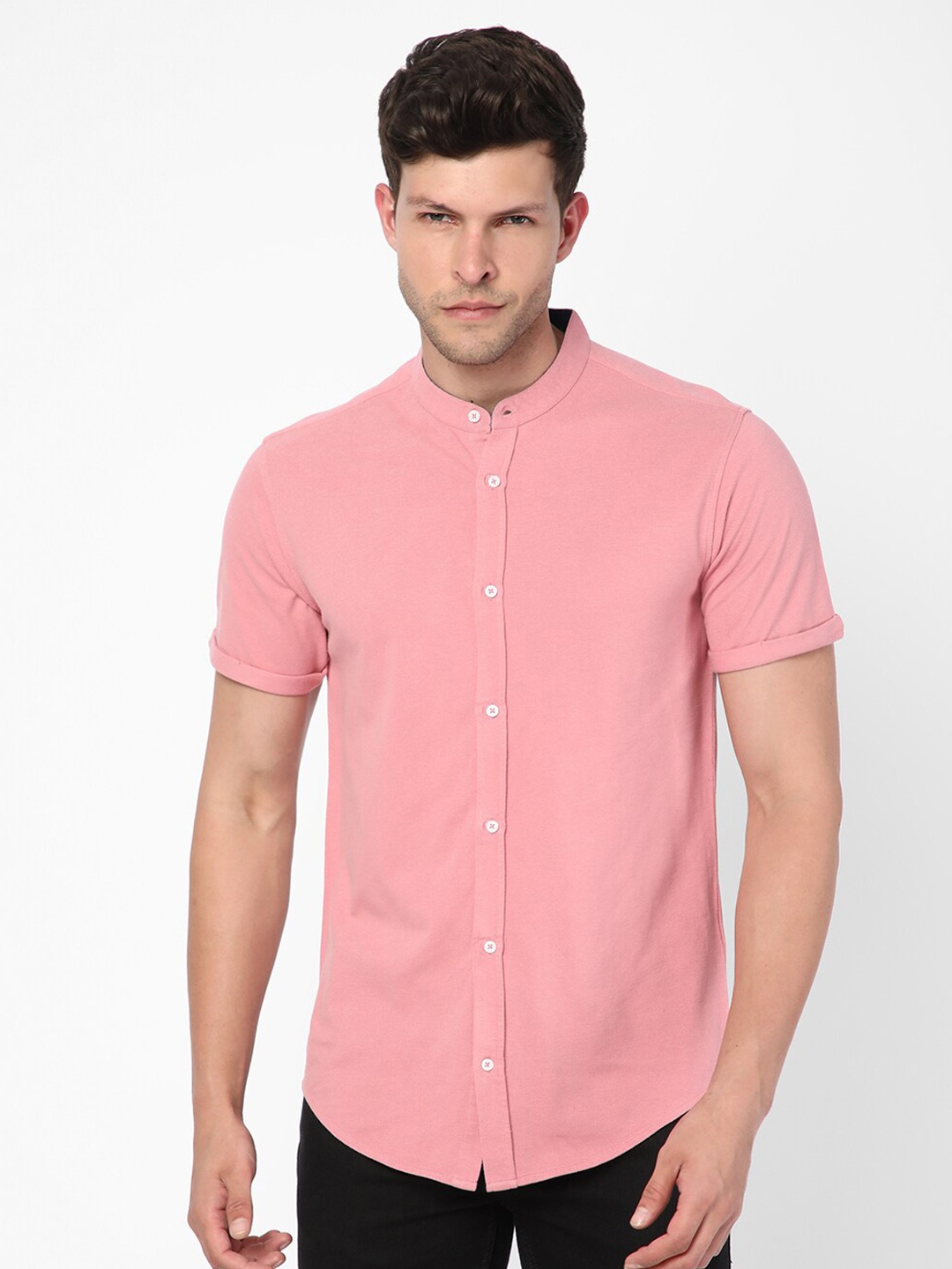 

R&B Mandarin Collar Cotton Casual Shirt, Pink