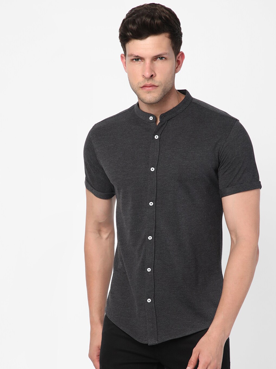

R&B Band Collar Casual Shirt, Grey