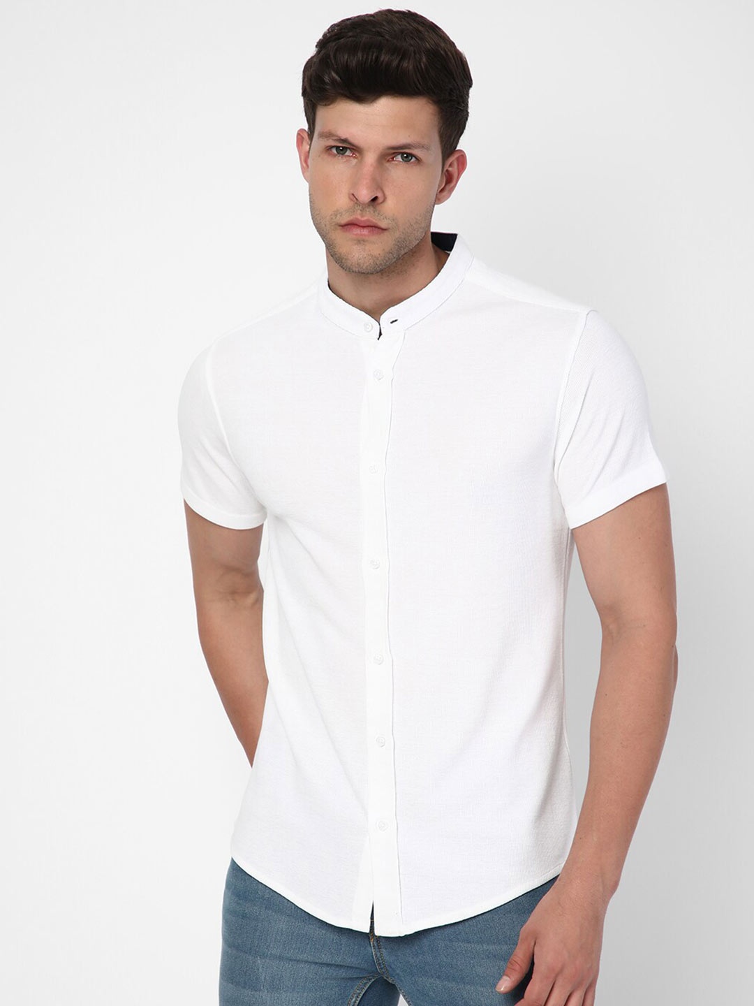

R&B Mandarin Collar Casual Cotton Shirt, White