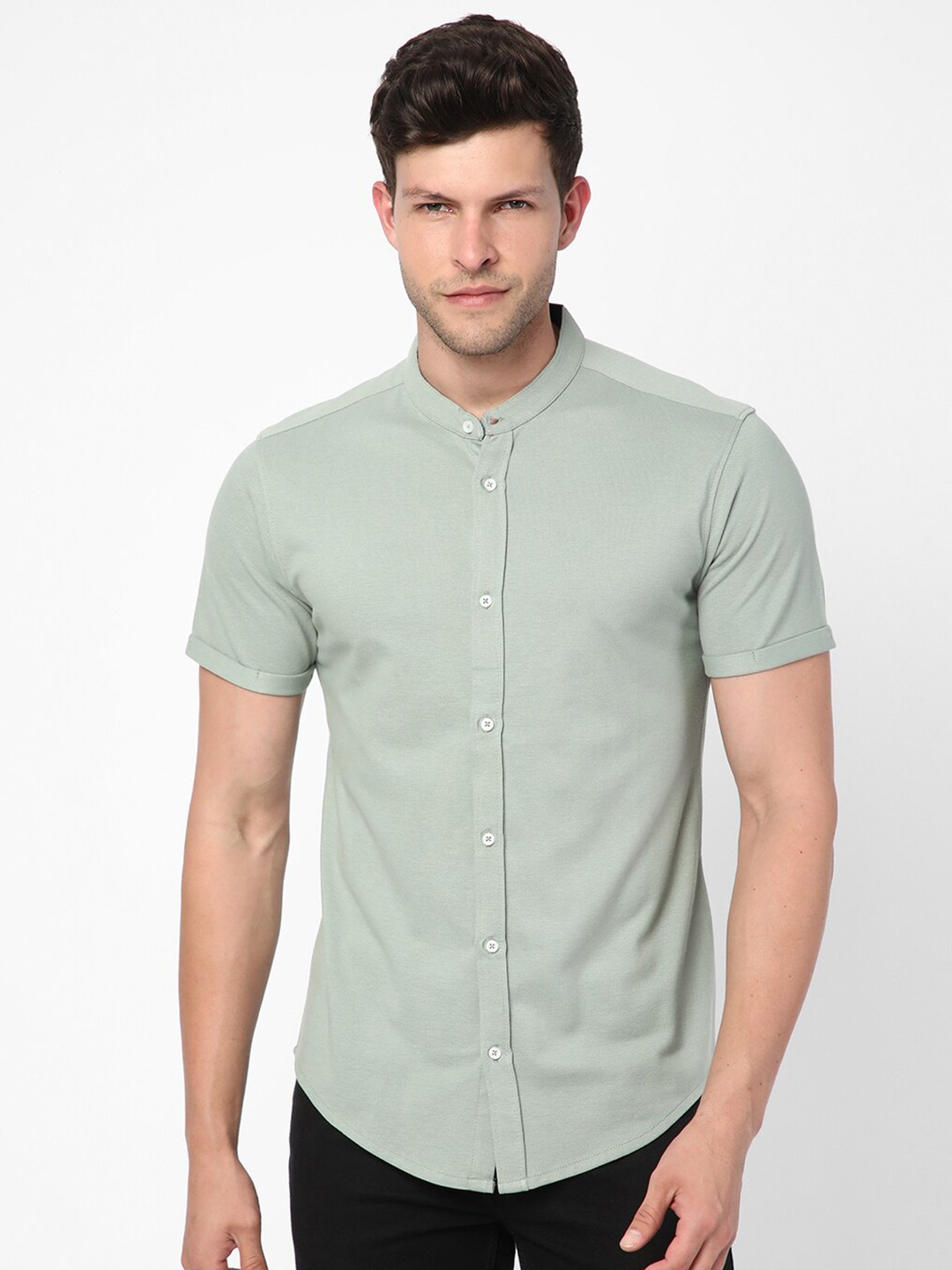 

R&B Mandarin Collar Cotton Casual Shirt, Green