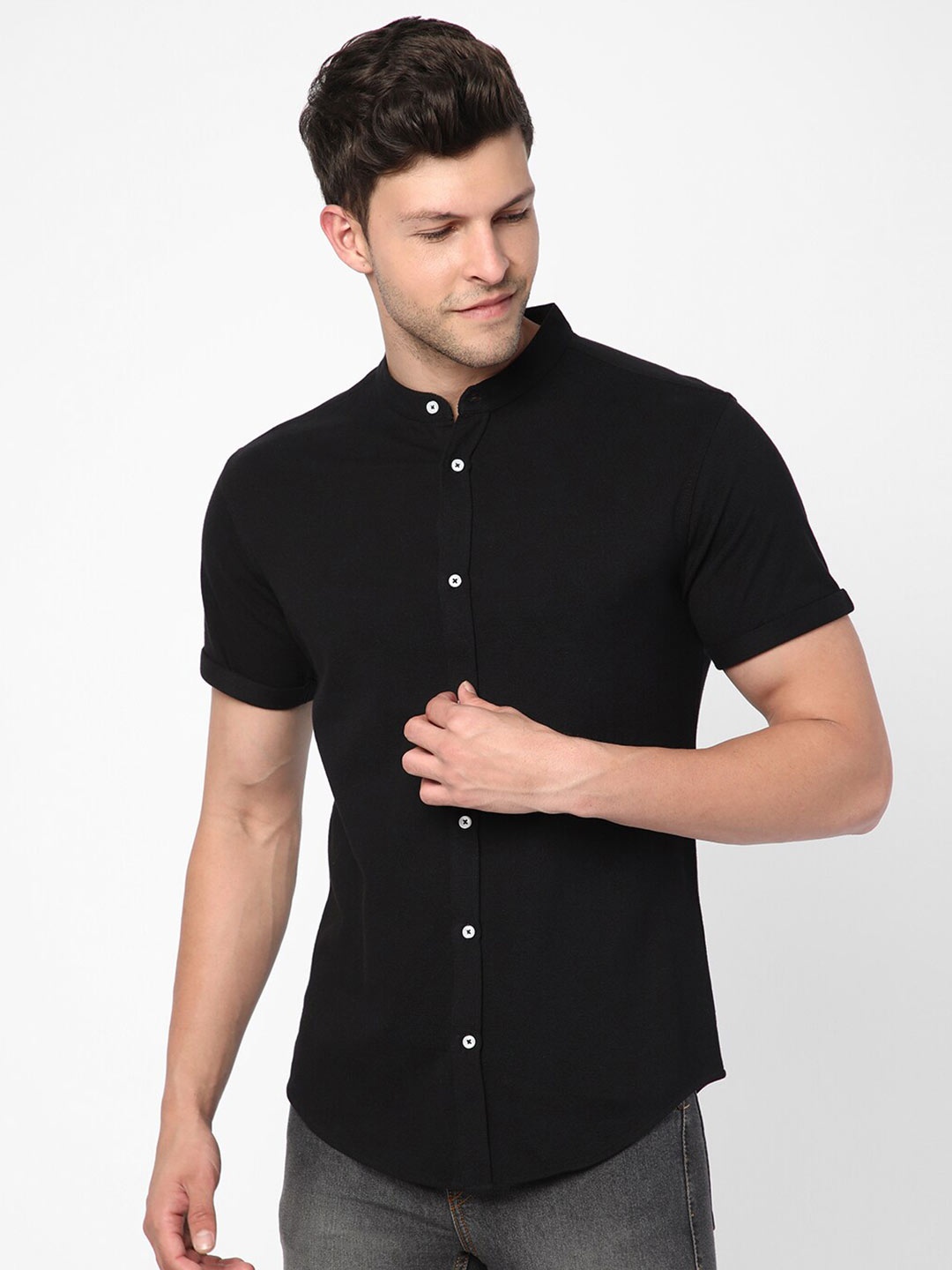 

R&B Casual Mandarin Collar Cotton Shirt, Black