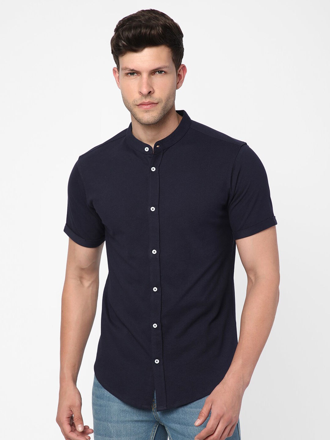 

R&B Mandarin Collar Casual Cotton Shirt, Navy blue
