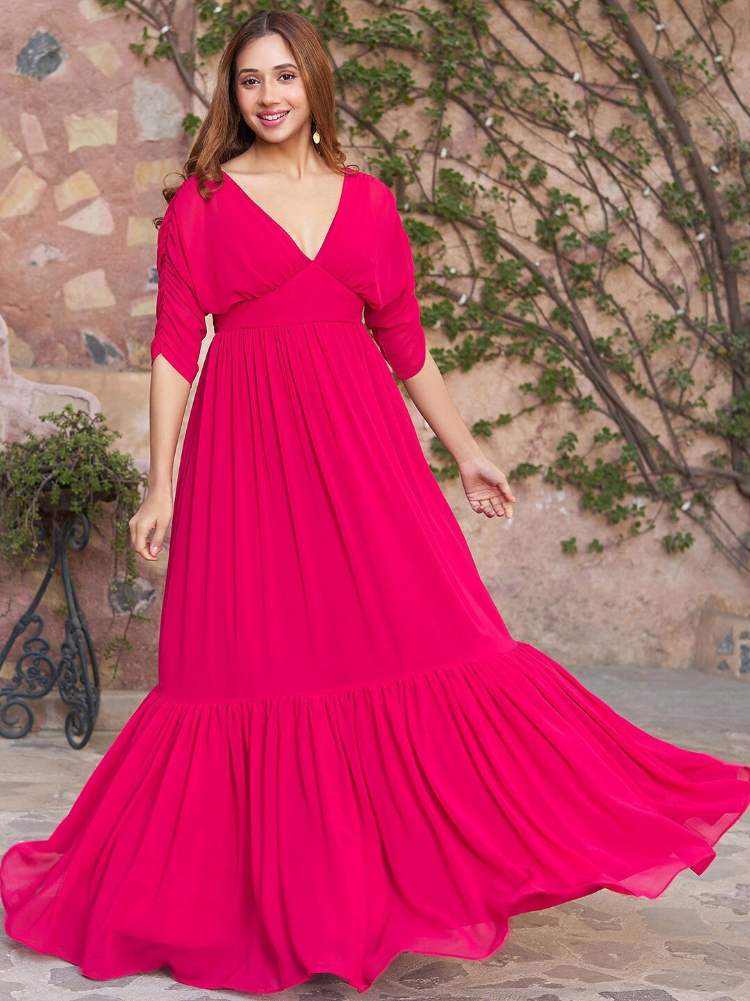 

Lavanya The Label Georgette Gathered Dolman Sleeves Maxi Dress, Pink