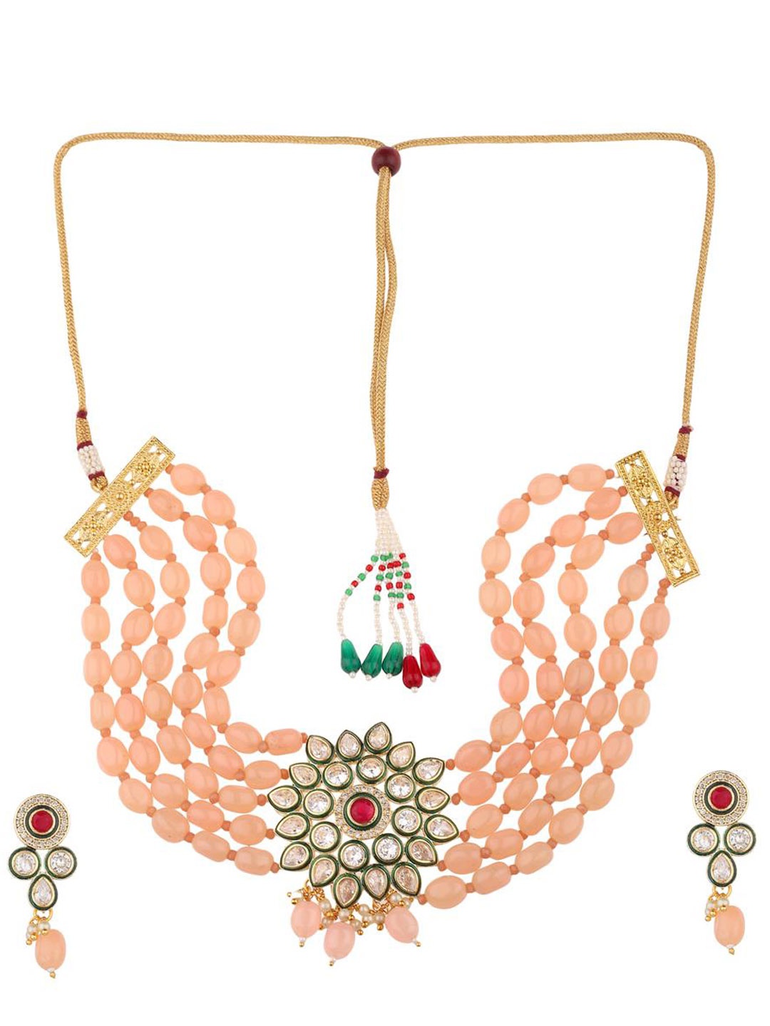 

Runjhun Gold-Plated Kundan Studded & Beaded Jewellery Set, Peach