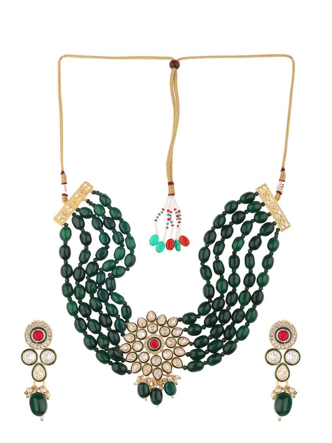 

Runjhun Gold-Plated Kundan Studded & Beaded Jewellery Set, Green
