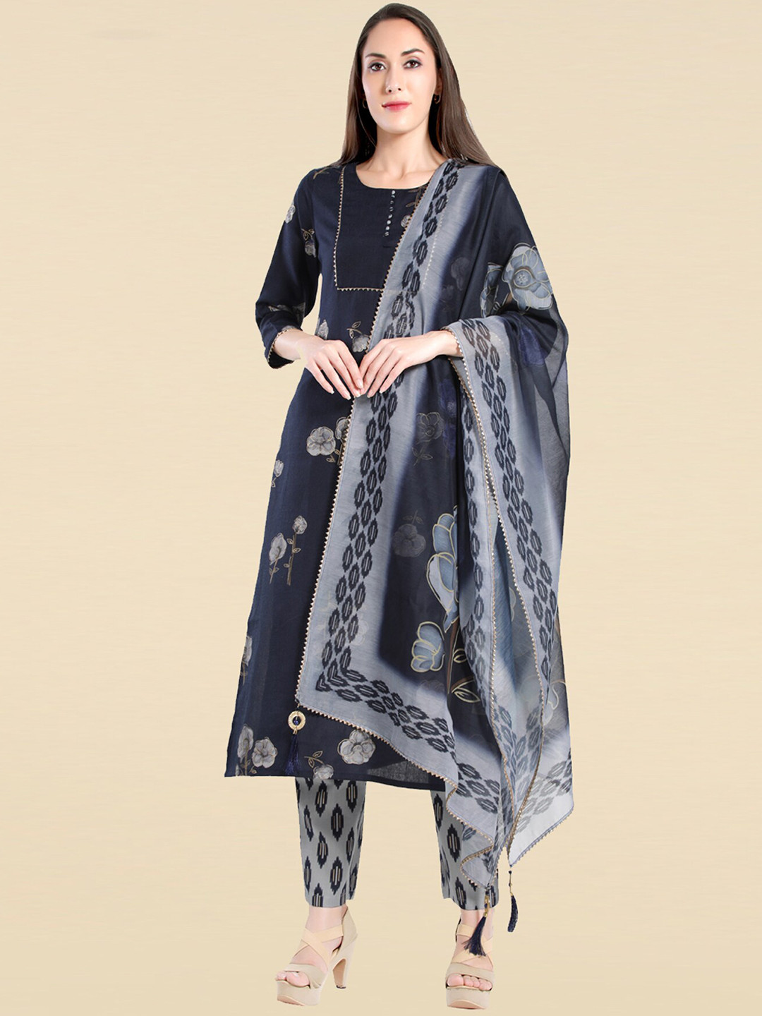 

MADHURAM Floral Printed Kurta with Trousers & With Dupatta, Blue