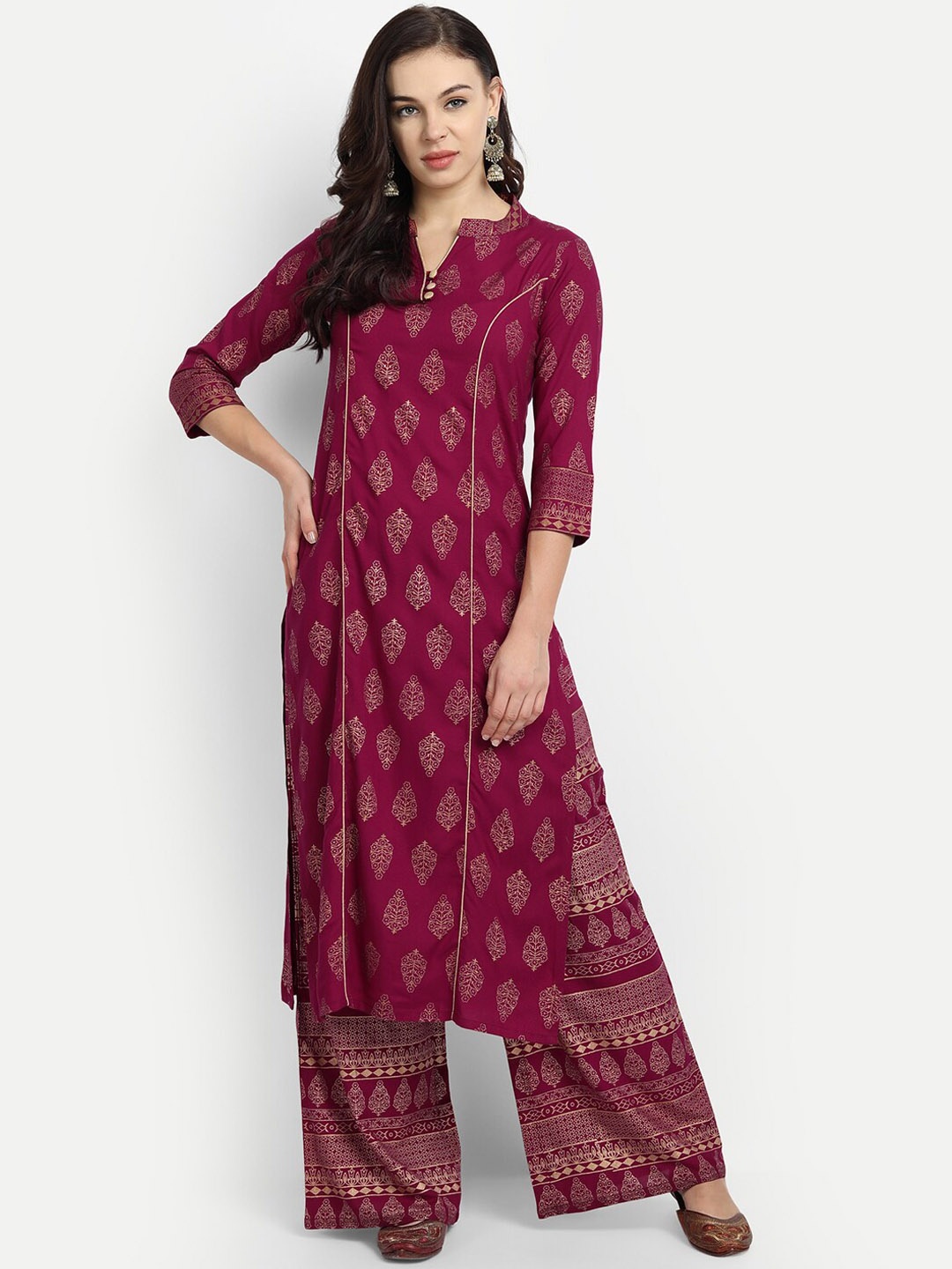 

MADHURAM Ethnic Motifs Printed Paneled Kurta with Palazzos, Maroon