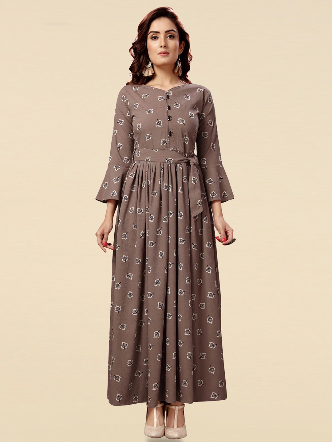 

MADHURAM Floral Printed Bell Sleeves Georgette Anarkali Kurta, Brown