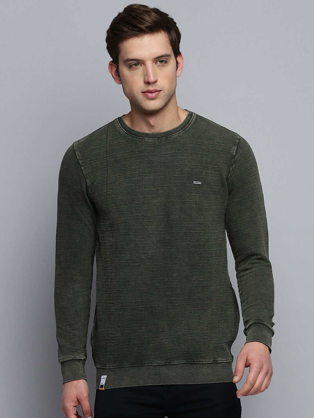 

SHOWOFF Round Neck Self Design Cotton Sweatshirt, Olive