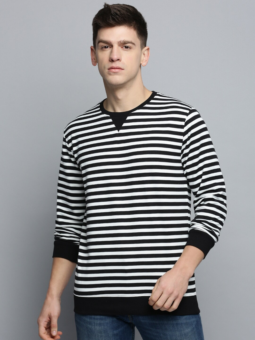 

SHOWOFF Horizontal Striped Cotton Sweatshirt, Black