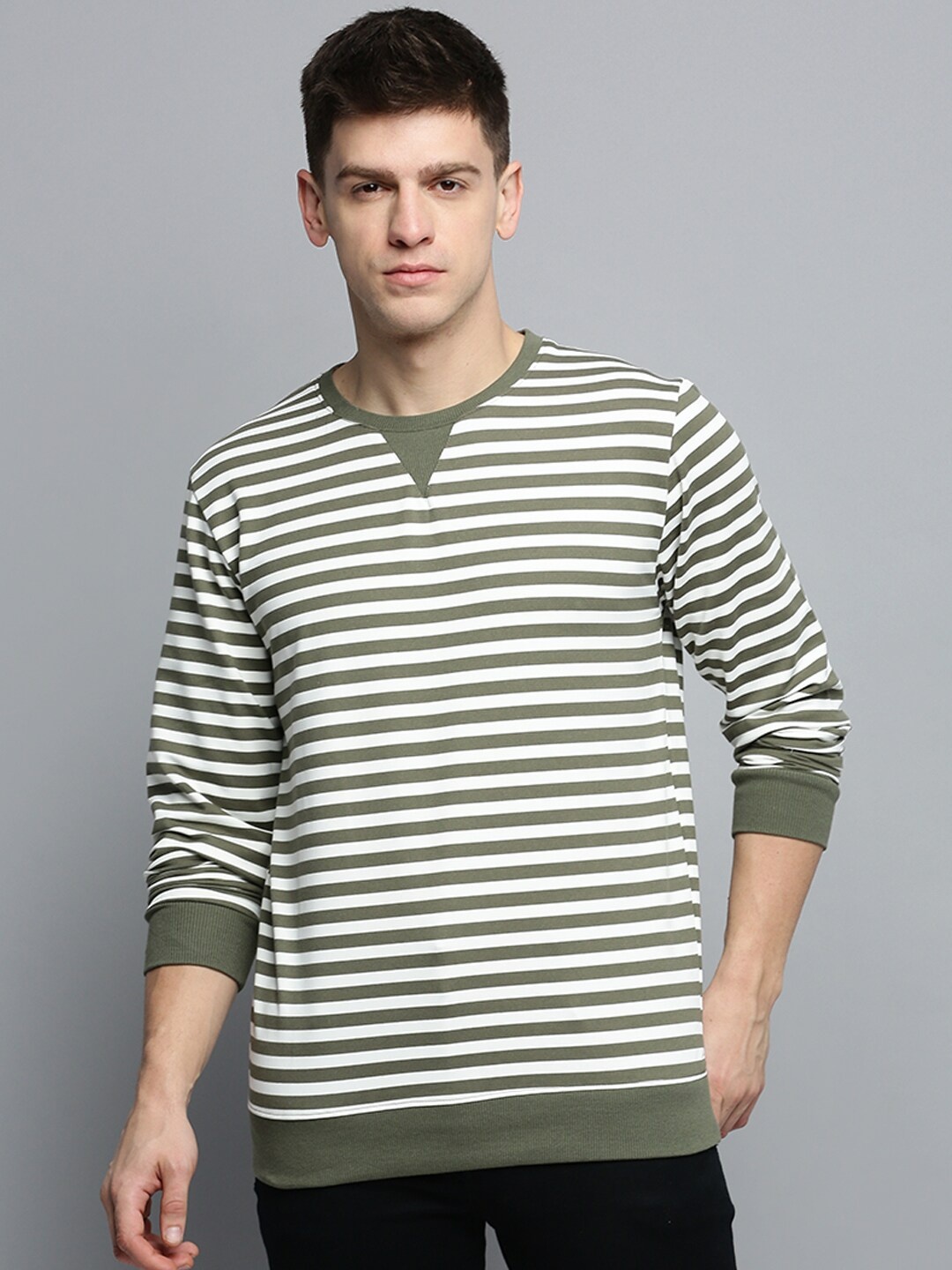 

SHOWOFF Striped Knitted Cotton Sweatshirt, Olive