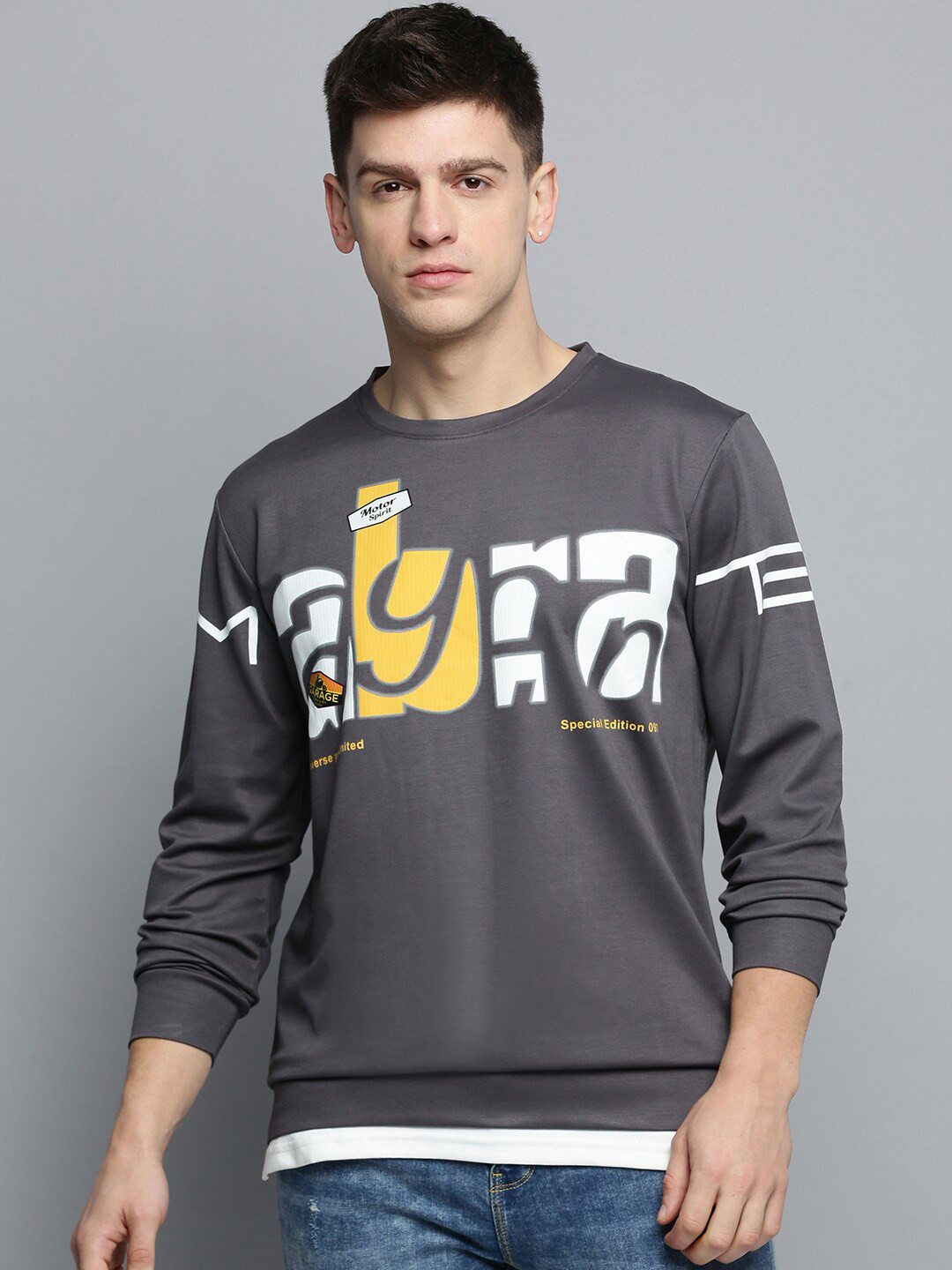 

SHOWOFF Printed Knitted Cotton Sweatshirt, Grey