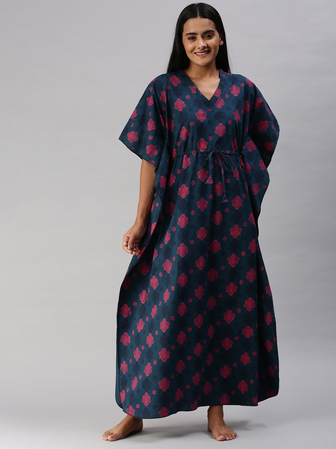 

Kryptic Floral Printed Pure Cotton Kaftan Maxi Nightdress, Teal