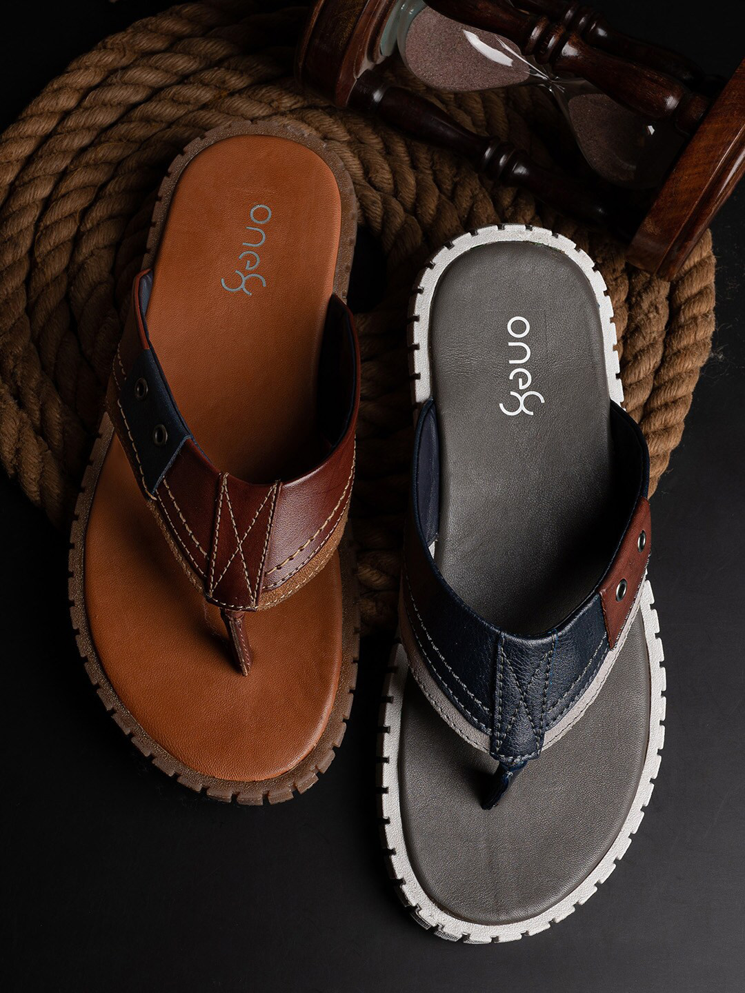 

One8 Men Leather Thong Flip-Flops, Navy blue