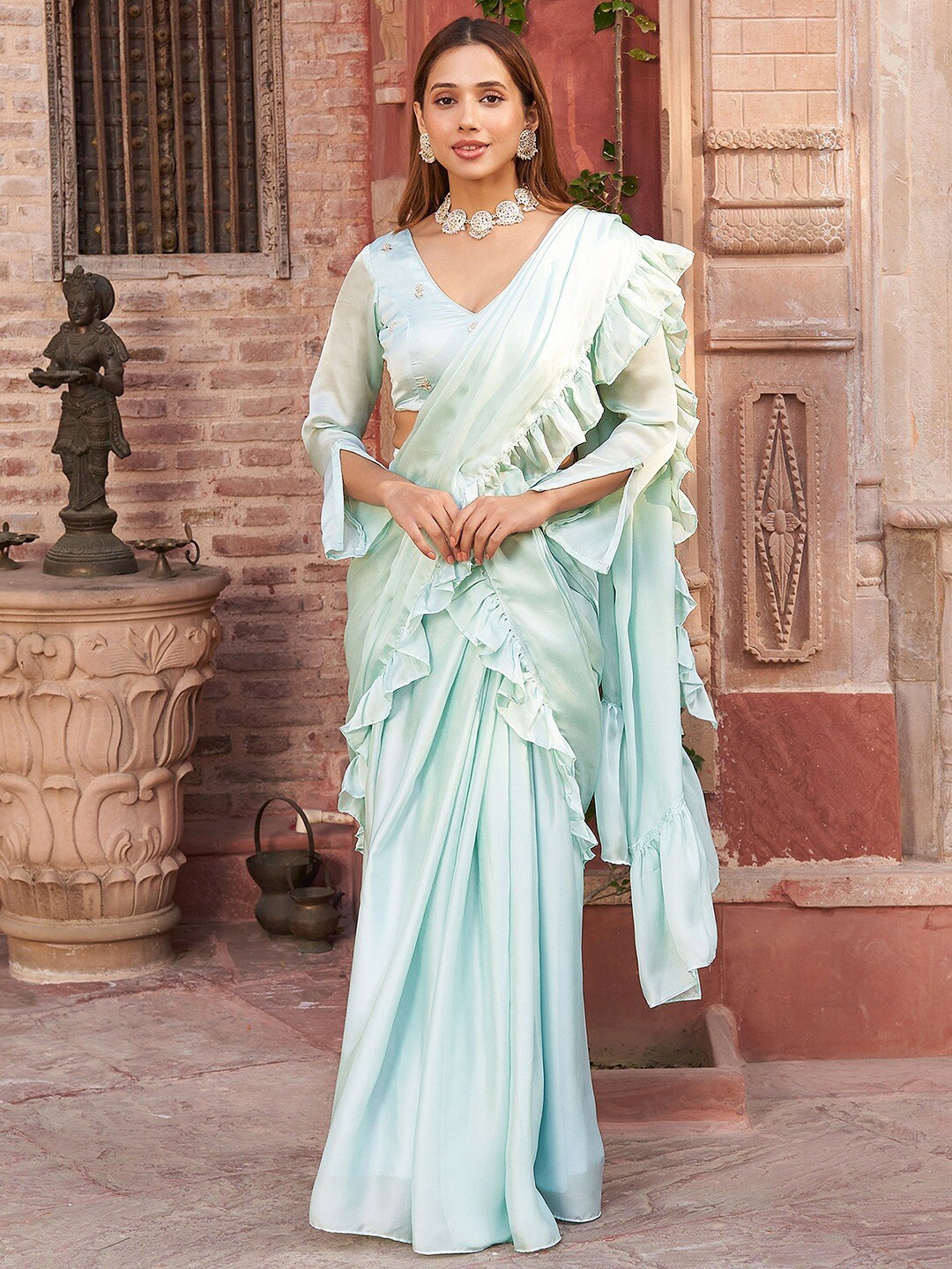 

Lavanya The Label Ruffled Half & Half Saree, Sea green
