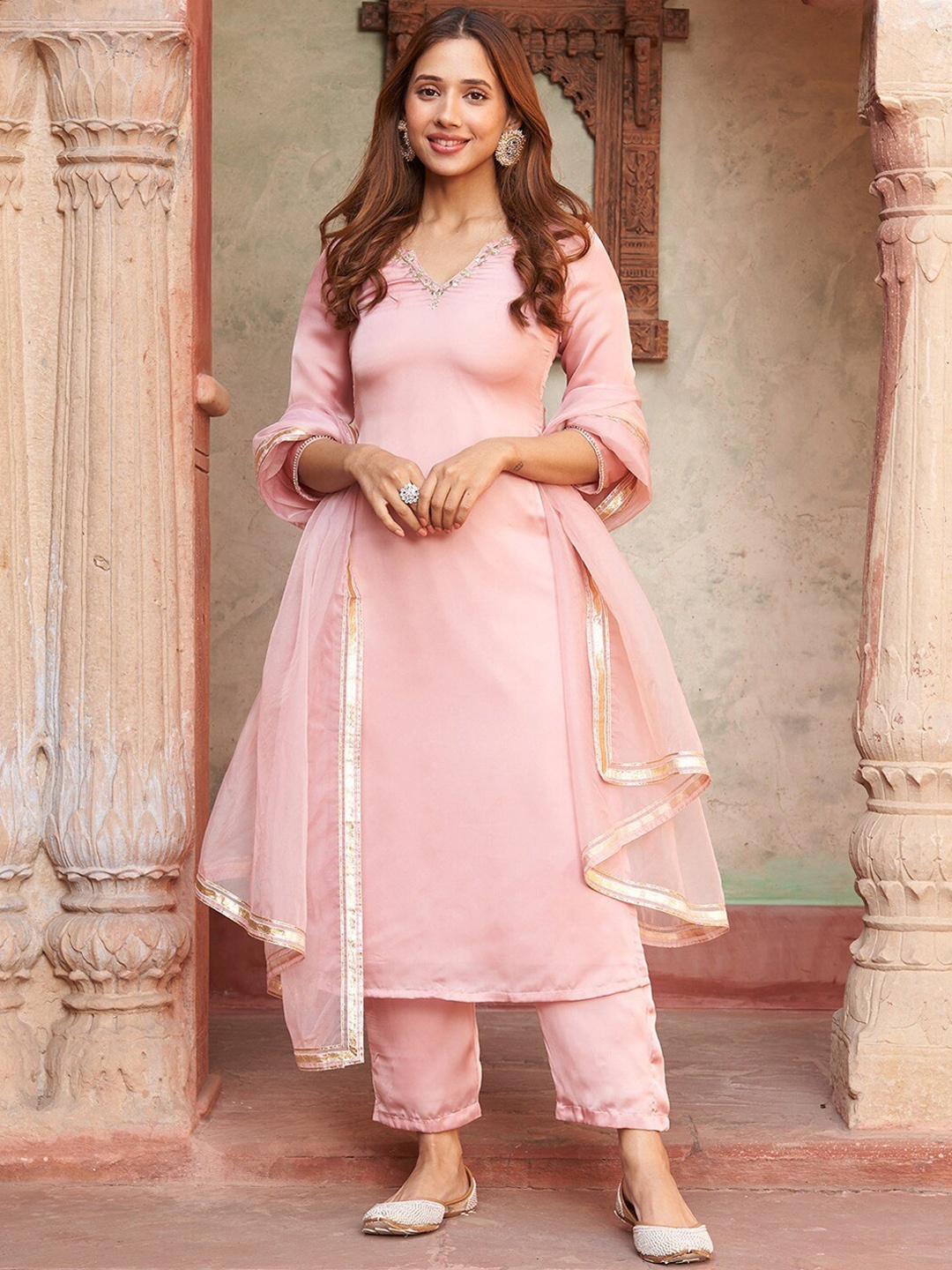 

Lavanya The Label V-Neck Straight Kurta with Palazzos & With Dupatta, Pink