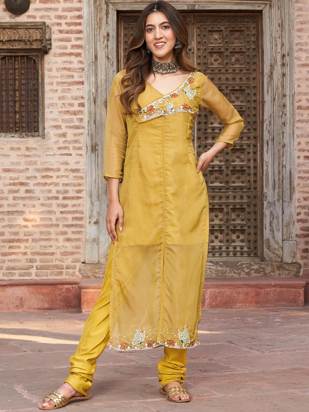 

Lavanya The Label Embroidered V-Neck Straight Kurta with Churidar, Mustard