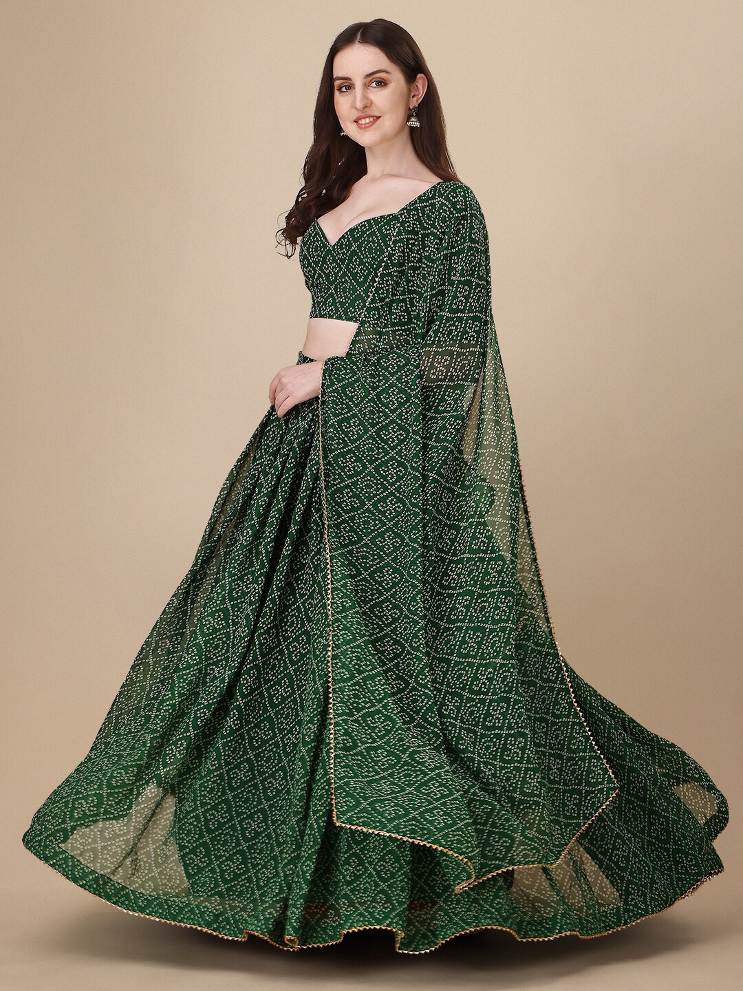 

PMD Fashion Bandhani Printed Semi-Stitched Lehenga & Unstitched Blouse With Dupatta, Green