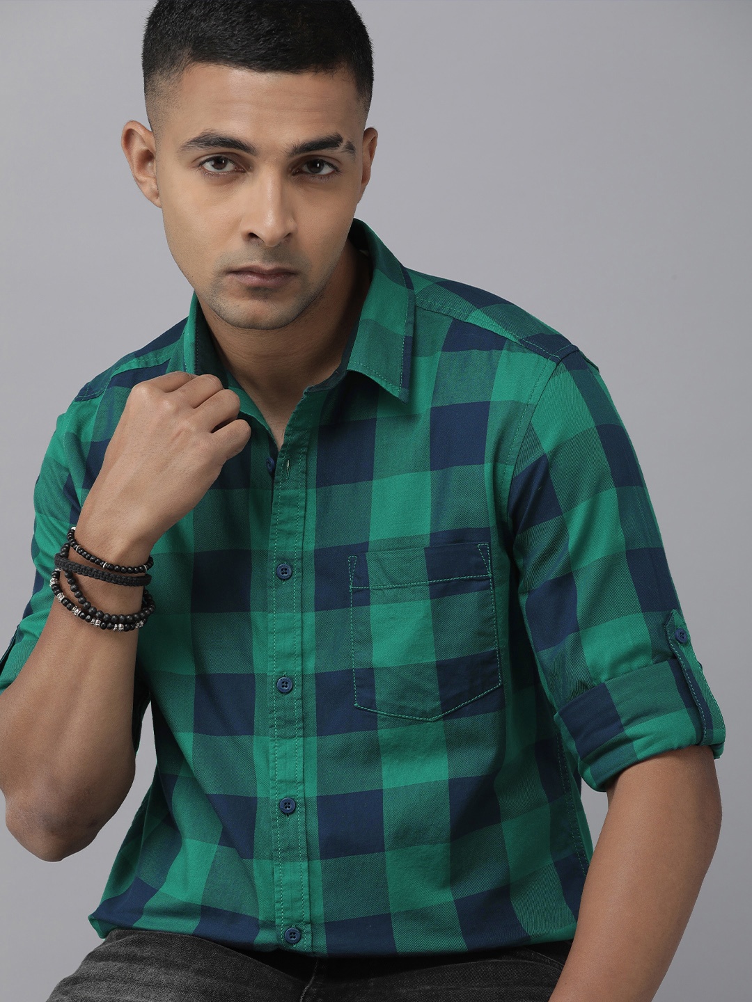 

The Roadster Lifestyle Co. Pure Cotton Buffalo Checked Casual Shirt, Green