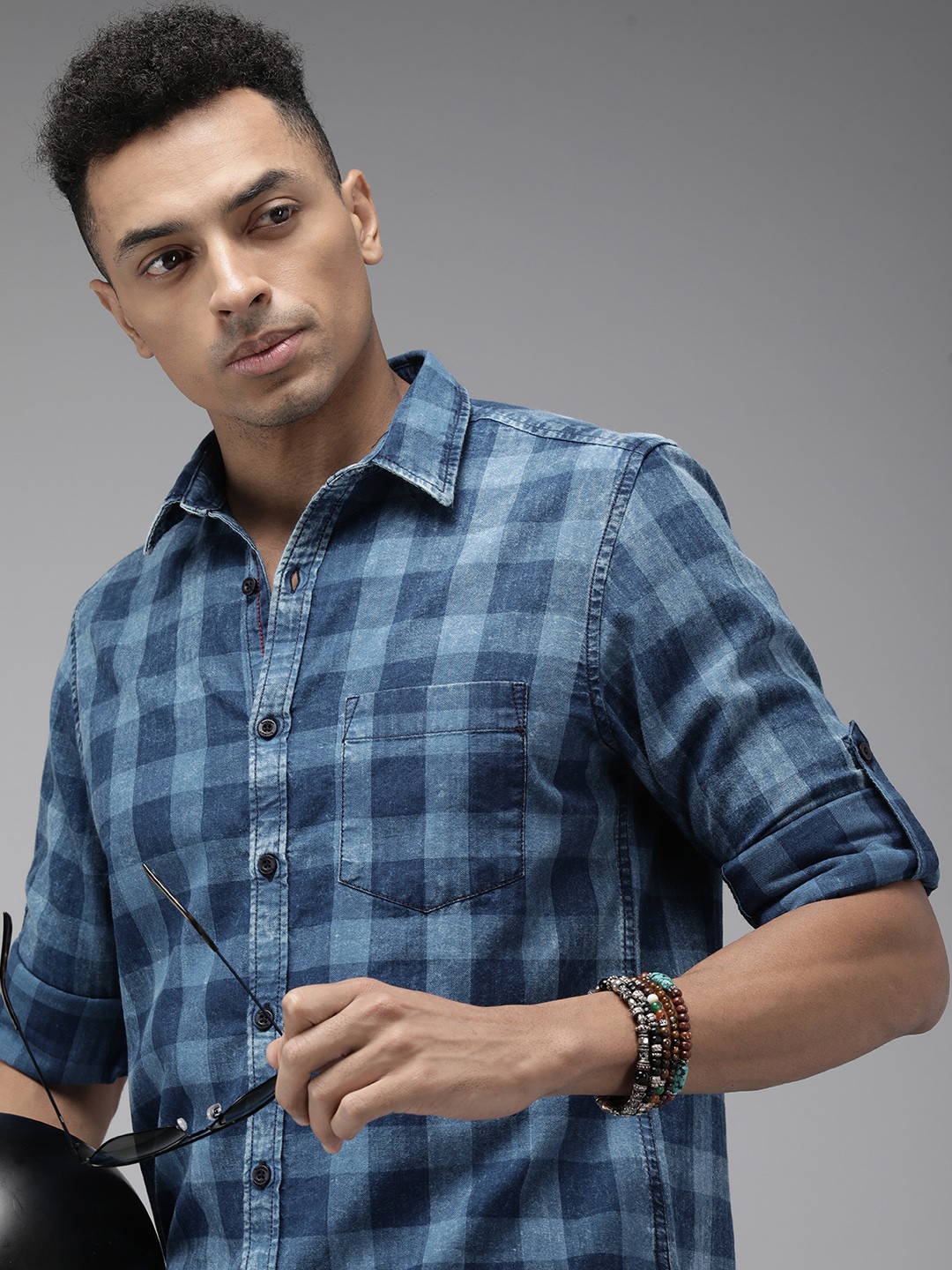 

The Roadster Life Co. Pure Cotton Buffalo Checked Casual Shirt, Blue