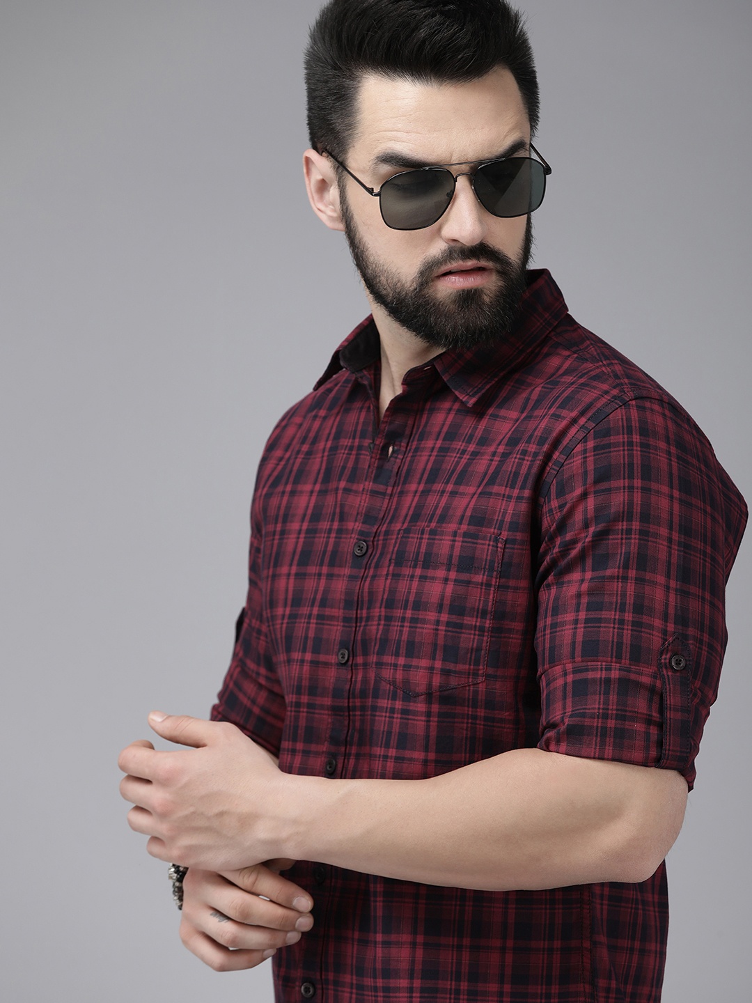 

Roadster Tartan Checked Pure Cotton Casual Shirt, Maroon