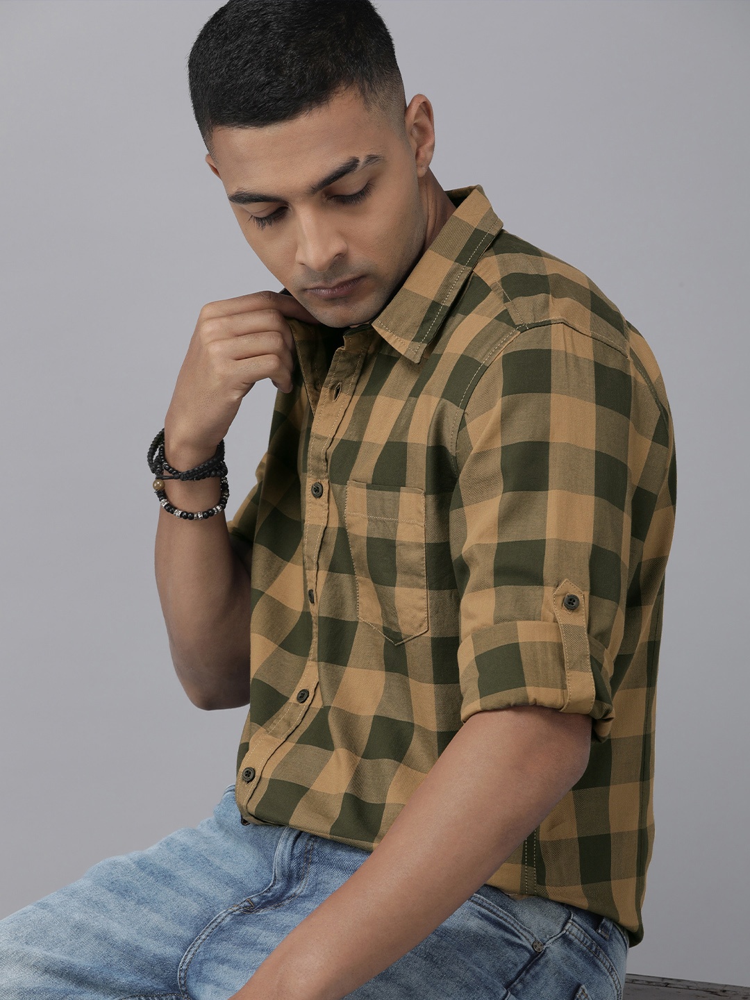 

The Roadster Lifestyle Co. Pure Cotton Buffalo Checked Casual Shirt, Khaki