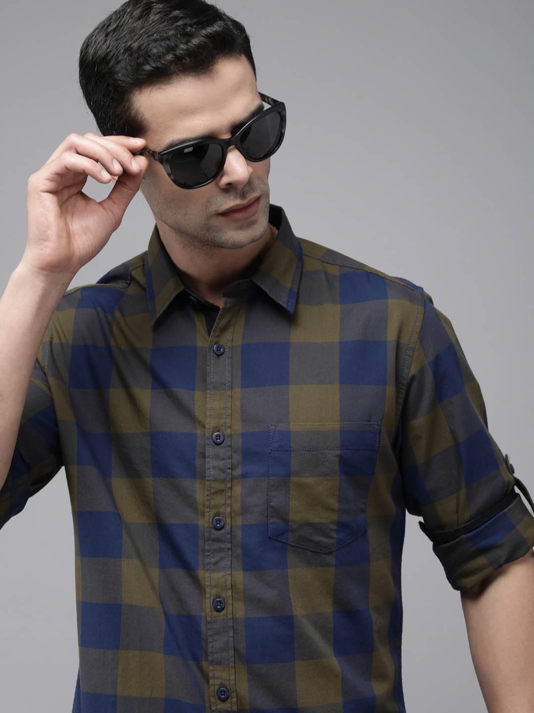 

The Roadster Life Co. Pure Cotton Checked Casual Shirt, Olive
