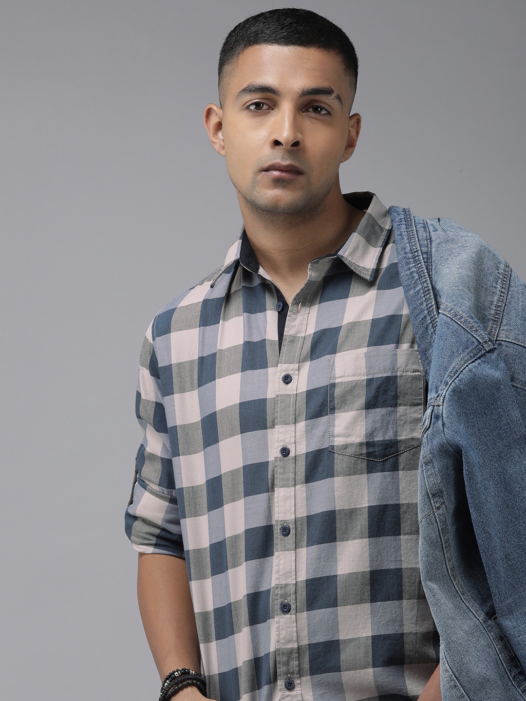 

The Roadster Lifestyle Co. Pure Cotton Buffalo Checked Casual Shirt, Blue