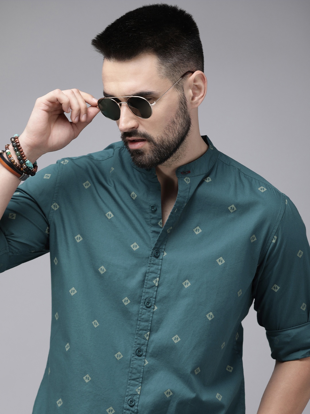 

The Roadster Life Co. Pure Cotton Conversational Printed Band Collar Casual Shirt, Blue