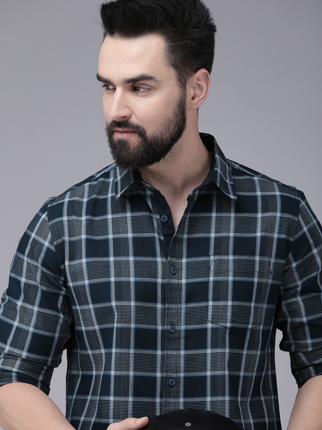 

Roadster Pure Cotton Checked Casual Shirt, Navy blue