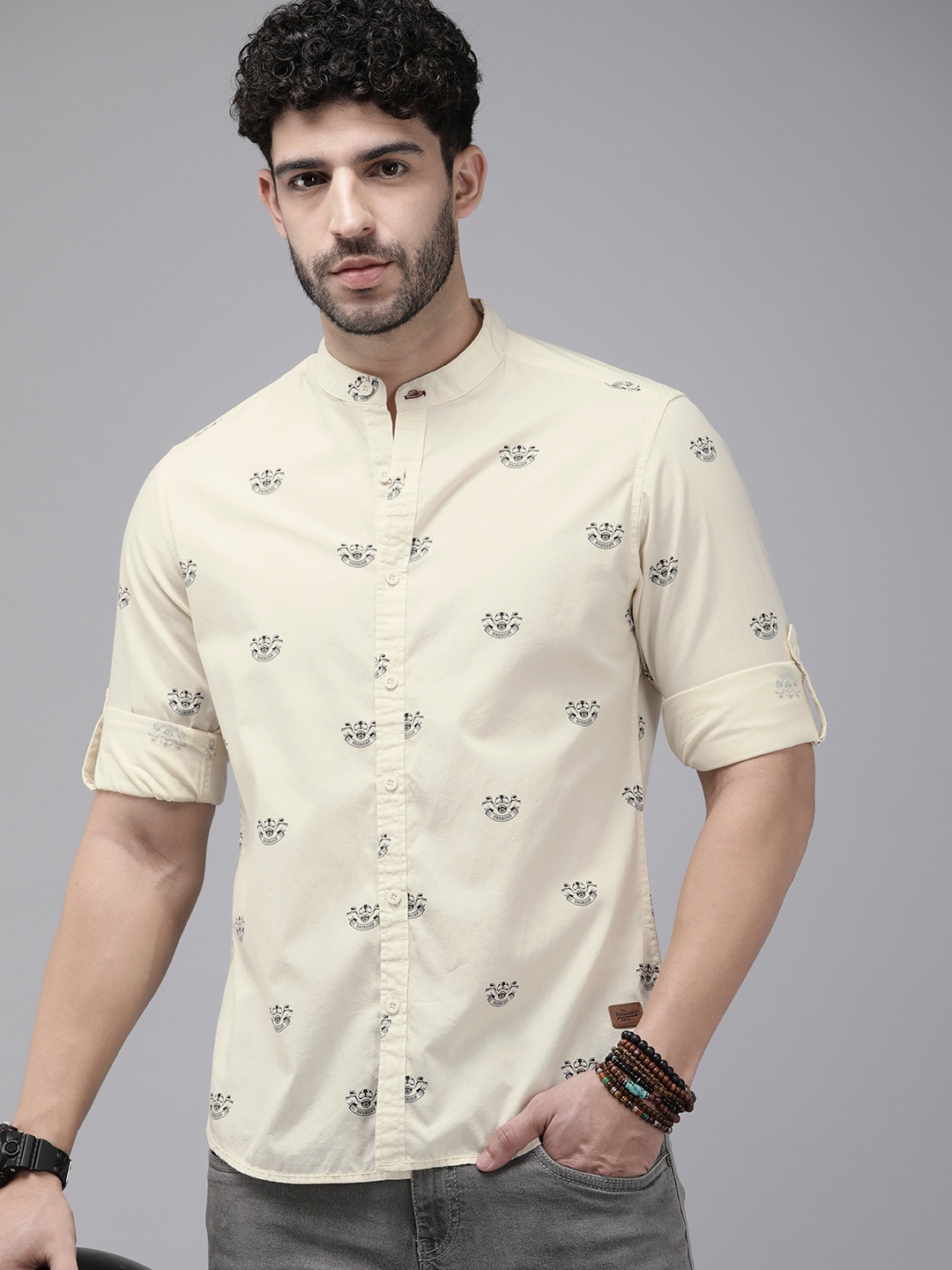 

The Roadster Life Co. Graphic Printed Pure Cotton Casual Shirt, Cream