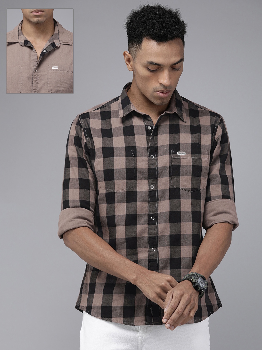 

The Roadster Life Co. Buffalo Checked Pure Cotton Reversible Casual Shirt, Beige