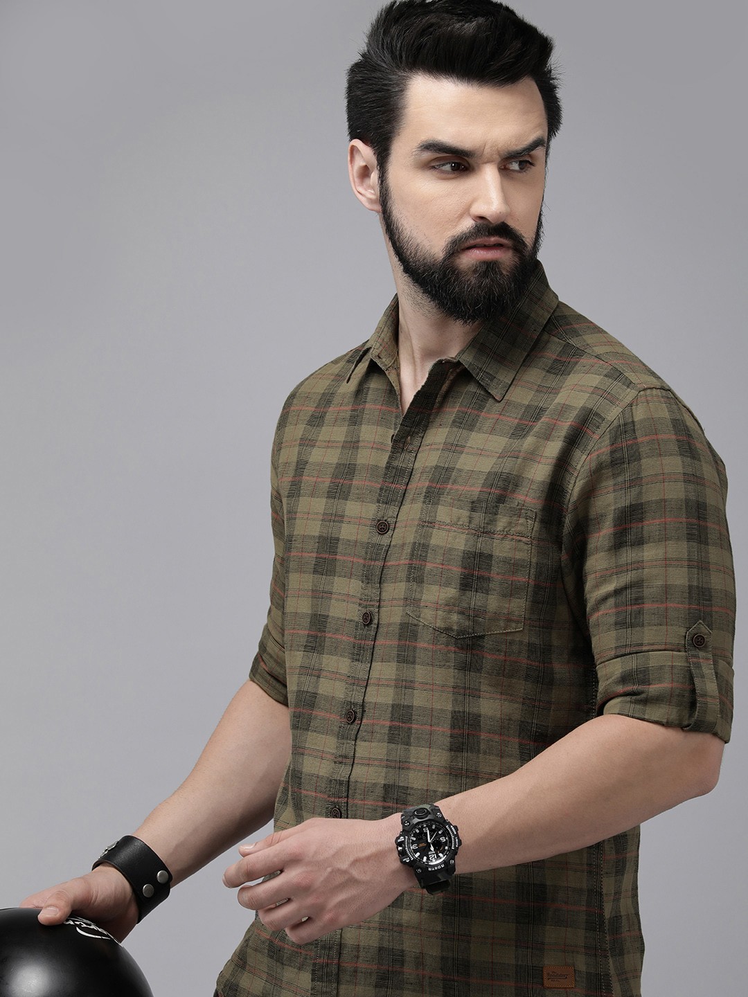 

The Roadster Lifestyle Co. Men Cotton Linen Opaque Checked Casual Shirt, Olive