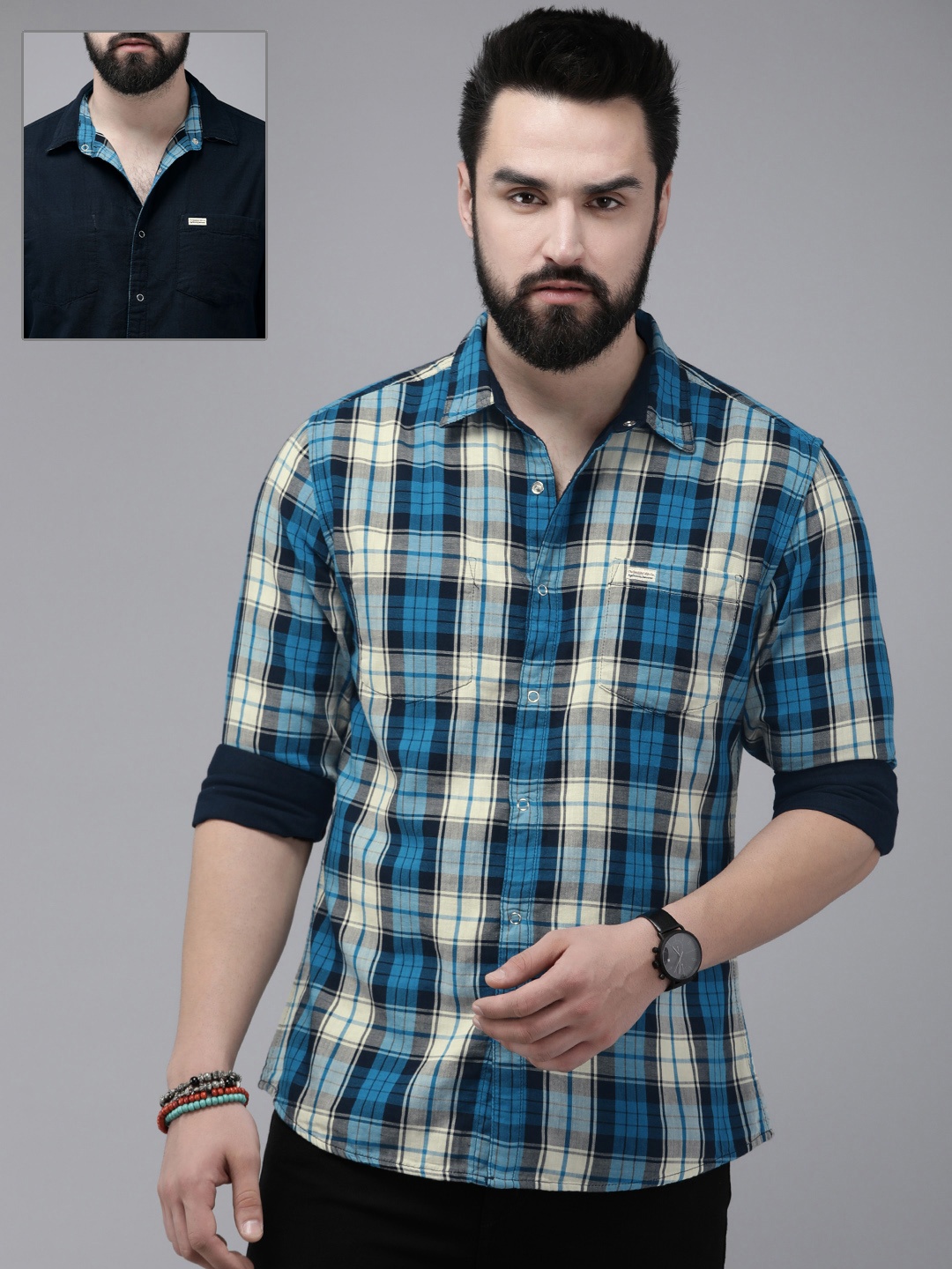 

The Roadster Life Co. Checked Reversible Pure Cotton Casual Shirt, Blue