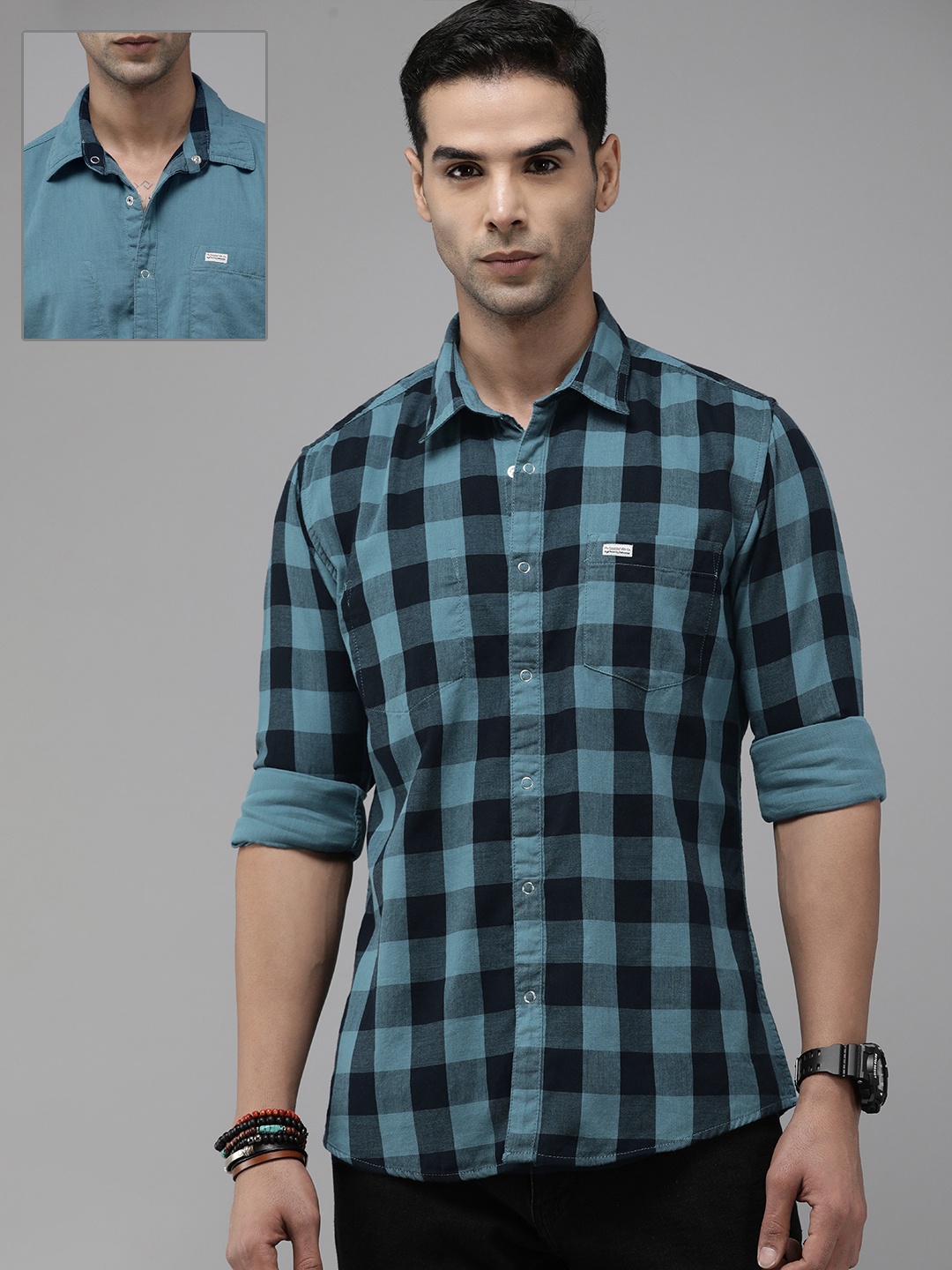 

The Roadster Lifestyle Co. Men Reversible Pure Cotton Buffalo Checks Casual Shirt, Teal