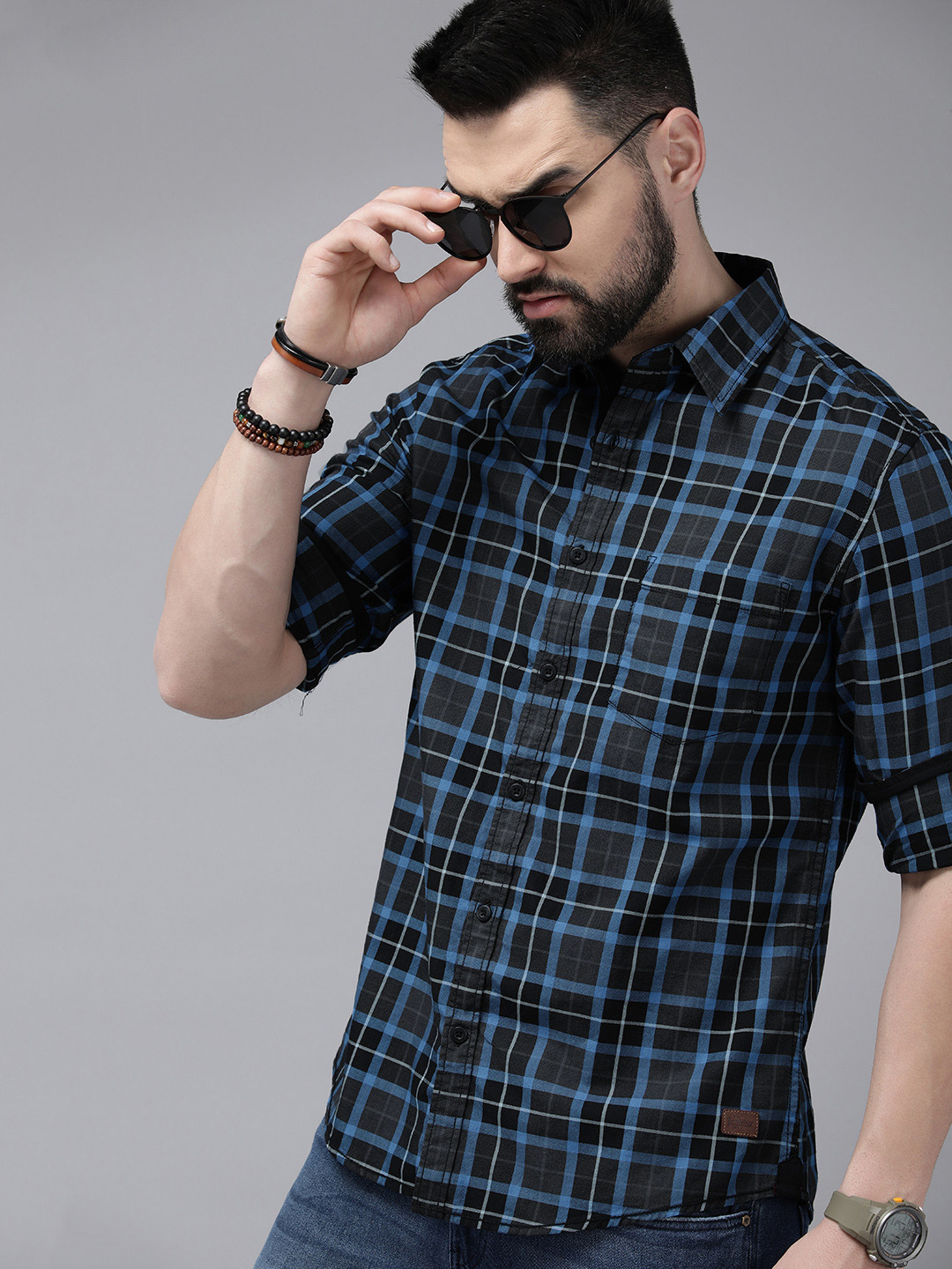 

The Roadster Lifestyle Co. Men Pure Cotton Tartan Checked Casual Shirt, Blue