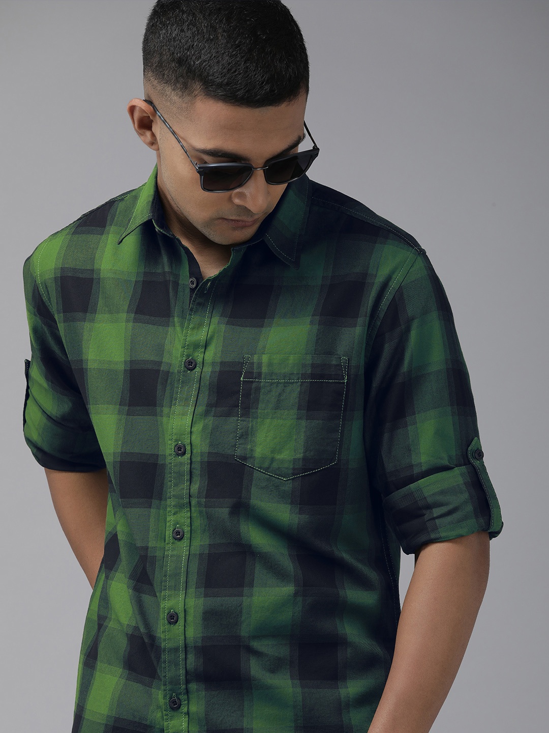 

The Roadster Lifestyle Co. Pure Cotton Checked Casual Shirt, Green