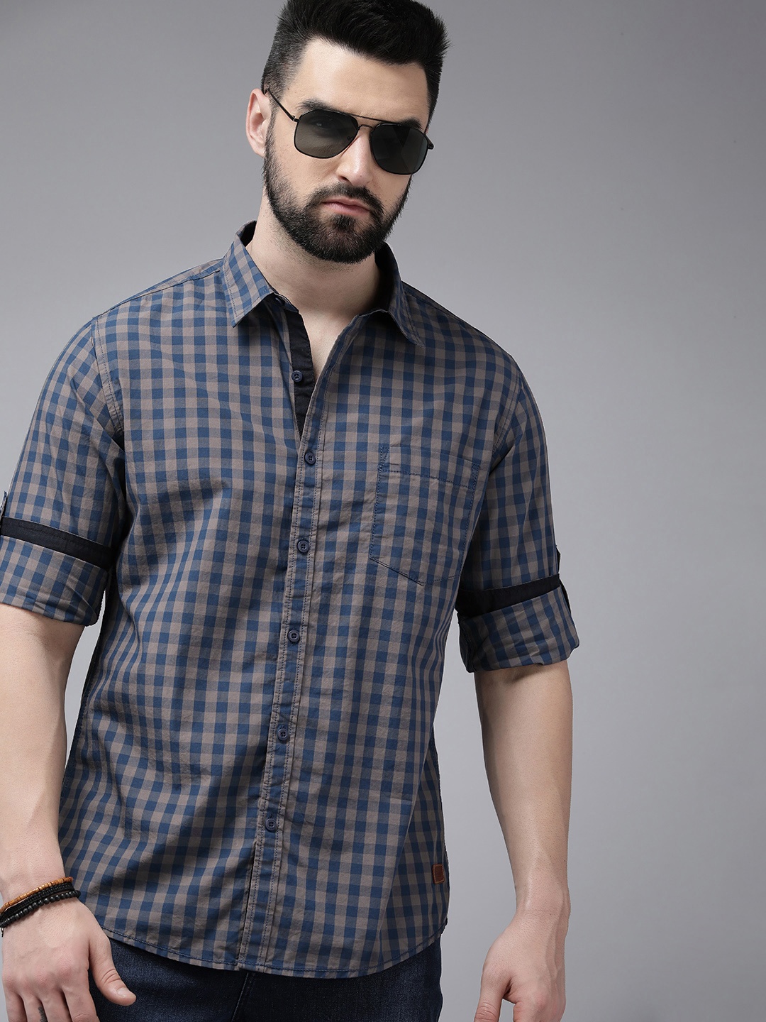 

The Roadster Lifestyle Co. Pure Cotton Gingham Checked Casual Shirt, Blue