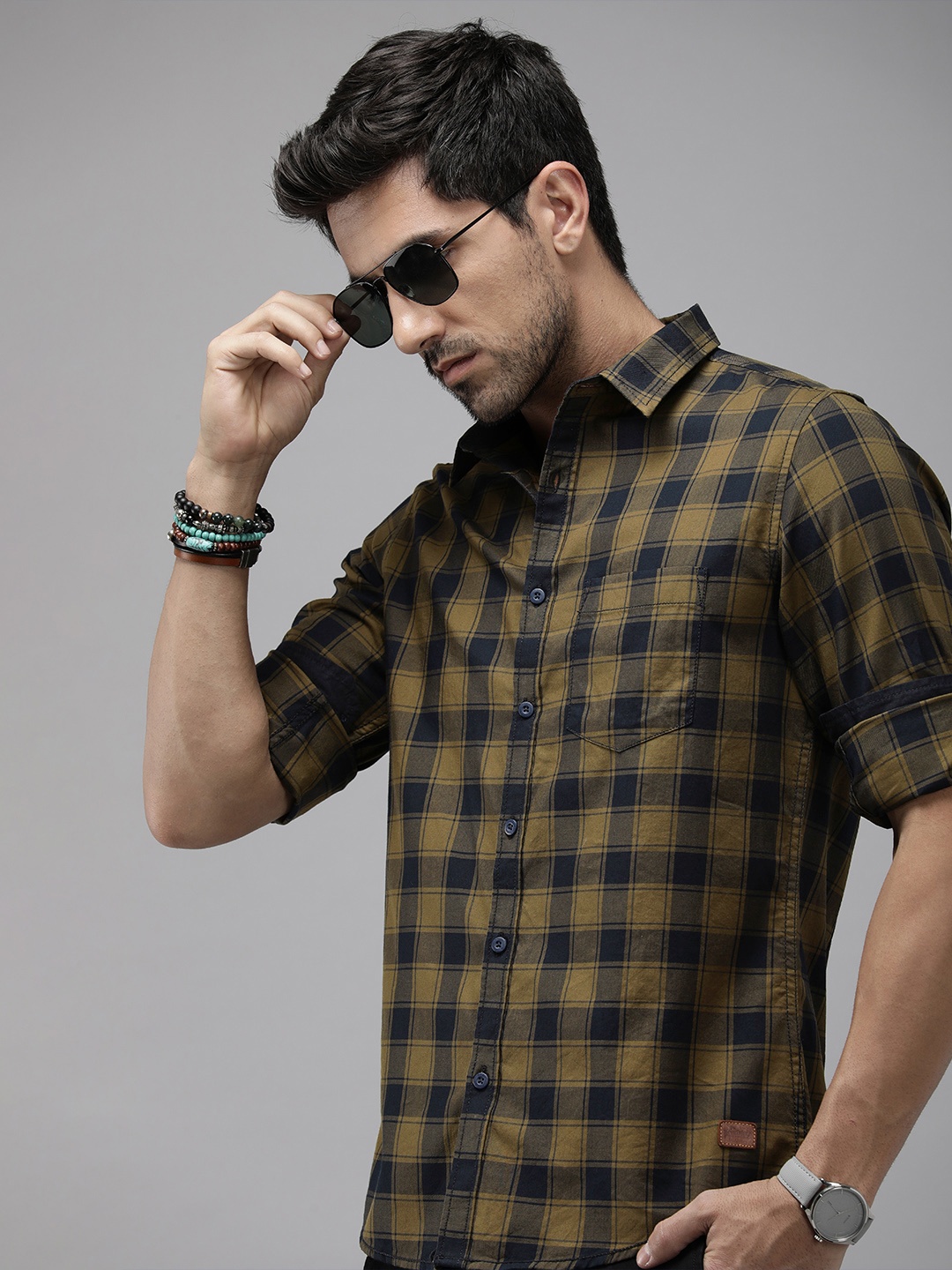 

The Roadster Life Co. Spread Collar Pure Cotton Checked Casual Shirt, Olive