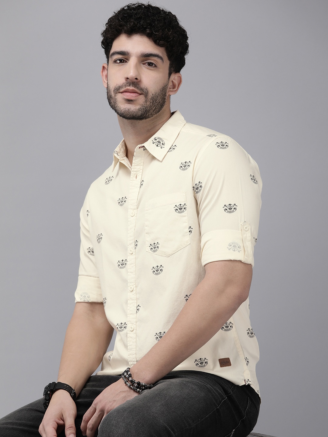 

The Roadster Life Co. Graphic Printed Pure Cotton Casual Shirt, Cream