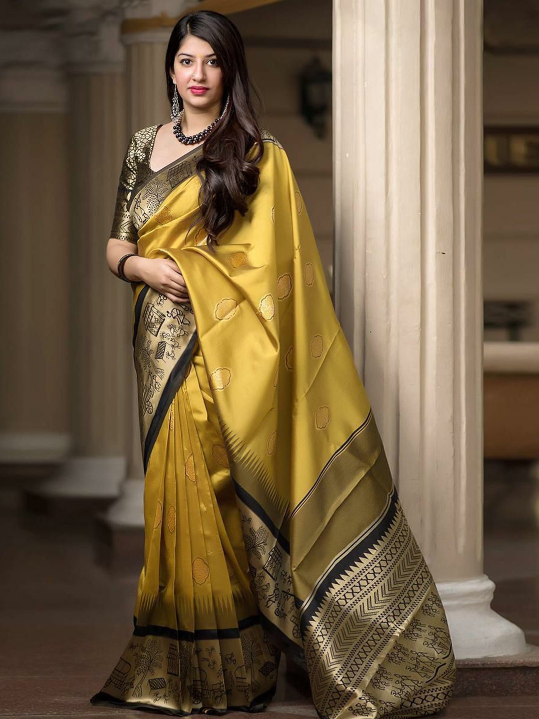 

Jinax Ethnic Motif Woven Design Zari Pure Silk Banarasi Saree, Yellow