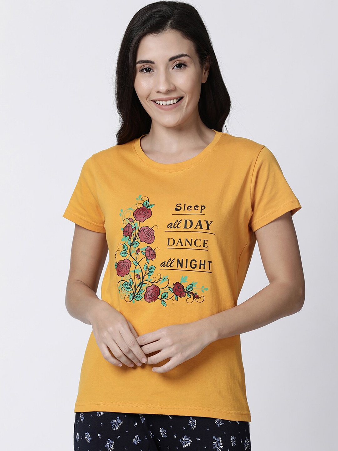 

Kryptic Women Printed Pure Cotton Lounge T-shirt, Mustard